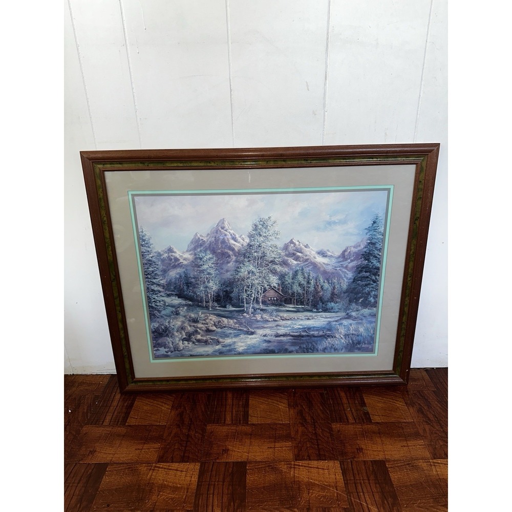 Lee Parkinson Framed Mountain Cabin Landscape Print 34x28 Wood Frame Vintage